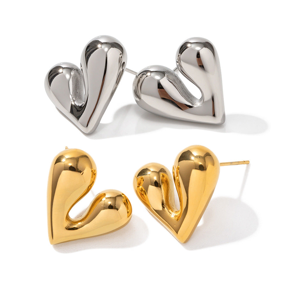 5pcs Pop Earrings 18K Gold Stainless Steel Personality Liquid Love Shaped Stud Earrings Design Sense Earrings
