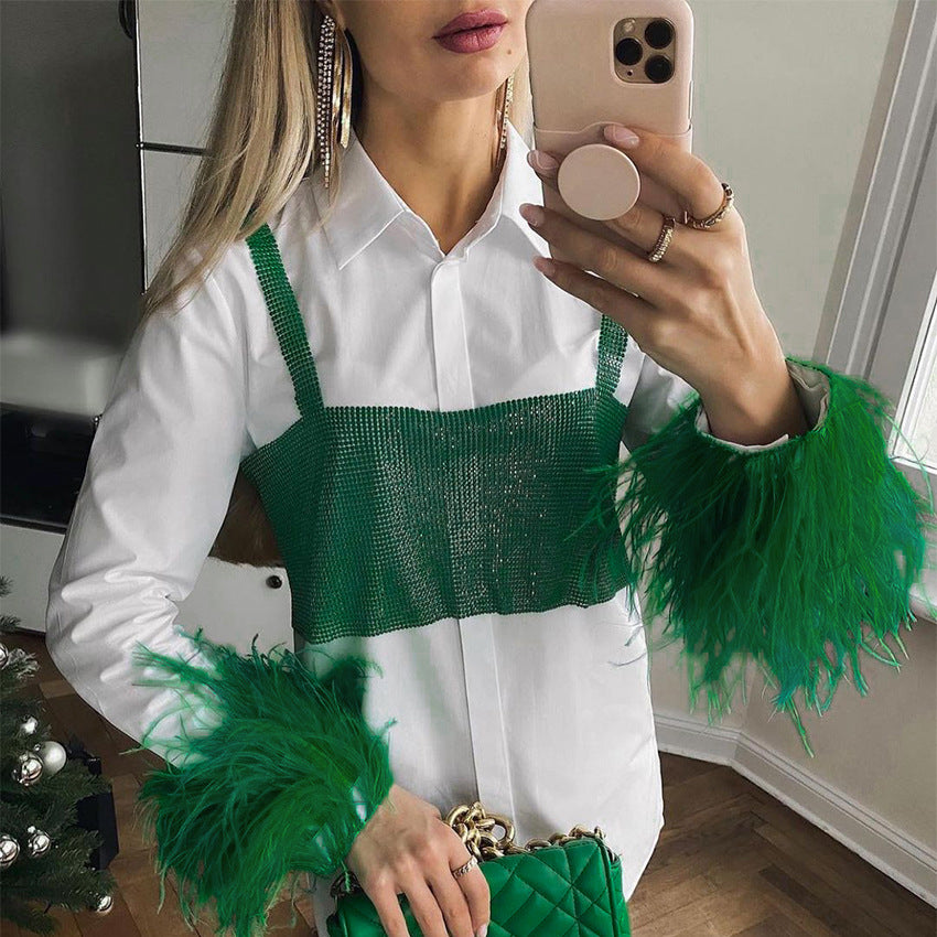 Autumn Fashion Slim Ostrich Hair Long Sleeve Women's White Shirt Design Sense Top