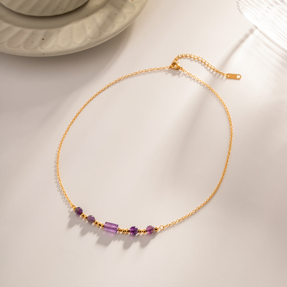 5pcs 18K Gold-Plated Stainless Steel Purple Stone Pendant Necklace With A Variety Of Niche Accessories Do Not Fade