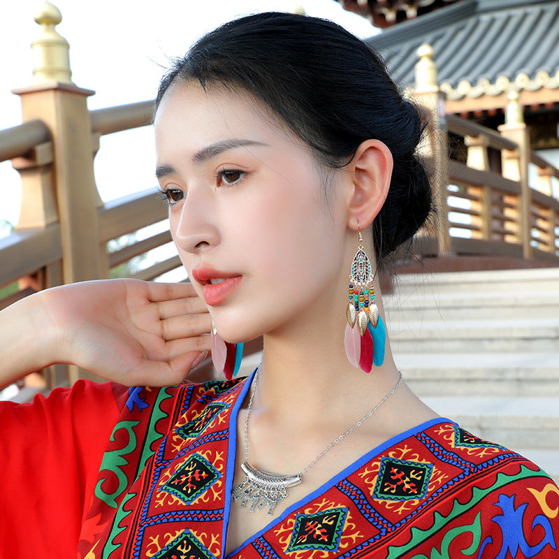 Water Drop Fringe Feather Earrings Women's Long Boho Rice Beads Ears Ethnic Wind Travel Holiday Accessories