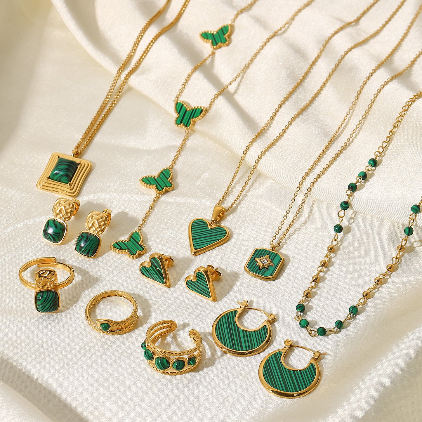 5pcs Retro Style Green Malachite Inlaid Necklace Earrings Ring Bracelet 18K Gold Stainless Steel Jewelry Women