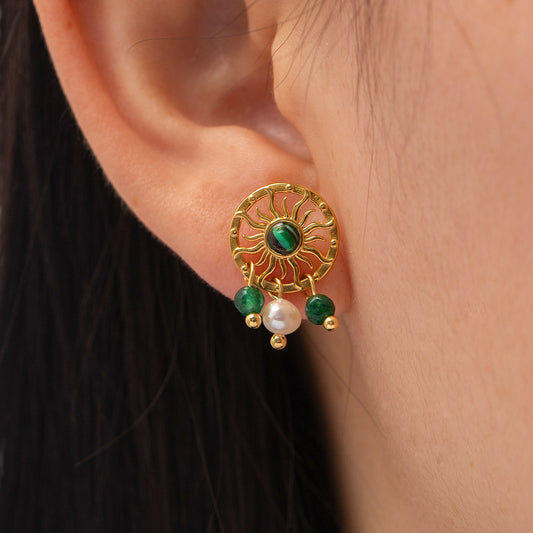 5pcs Vintage Stainless Steel Plated 18K Gold Inlaid Natural Stone Pendant Earrings For Women's Advanced Sense Does Not Fade