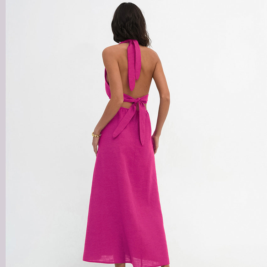 New Cotton Hemp Brown Halter Halter Dress Summer Fashion Women's Dress Long Dress