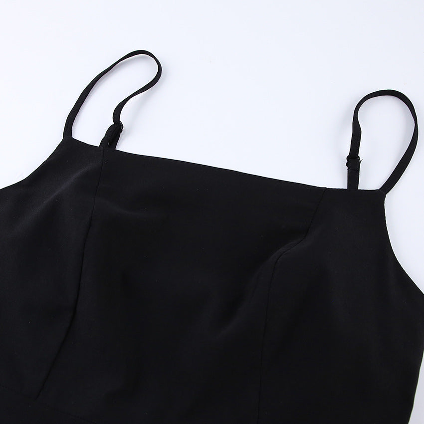 Summer New Square Collar Sleeveless Slip Dress Slim-Fit Long Skirt Slim Tall Slit Black Dress