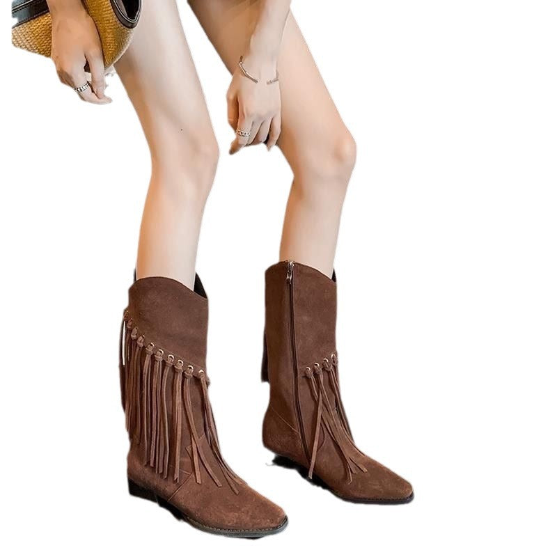 Mid-Calf Tassel Boots Pointed Mid-Heel Vintage Western Cowboy Boots Ground Leather Brown Ankle Boots Female