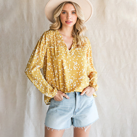 Shiying Yellow Romantic Print Crepe Chiffon Shirt Women's V-Neck Pullover Top