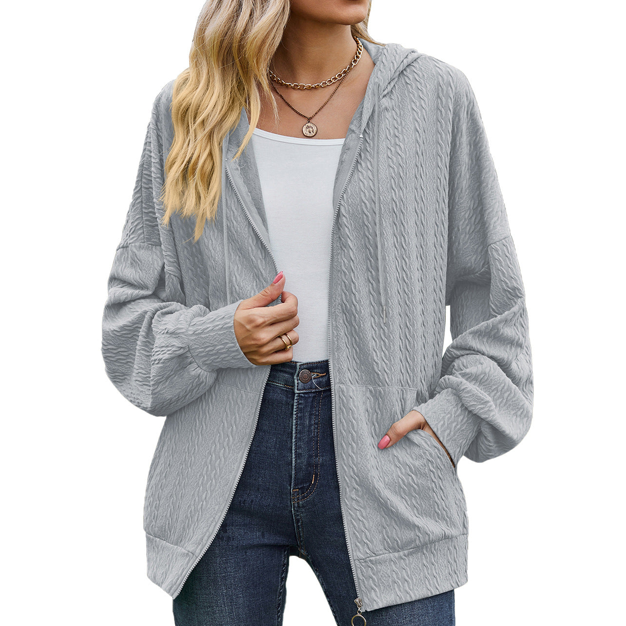 Autumn And Winter New V-Neck Zipper Solid Color Long Loose Hoodie Coat Women
