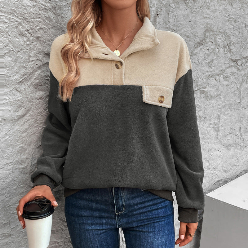 Stand Collar Pullover Coat Women's New Autumn And Winter Fleece Contrast Color Hoodie