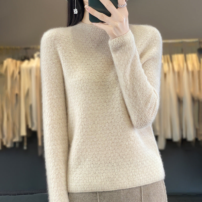Autumn And Winter Knitted Pure Woolen Sweater Female Half Turtleneck Hollowed Out Loose Pullover Sweater Slimming Top Base Shirt