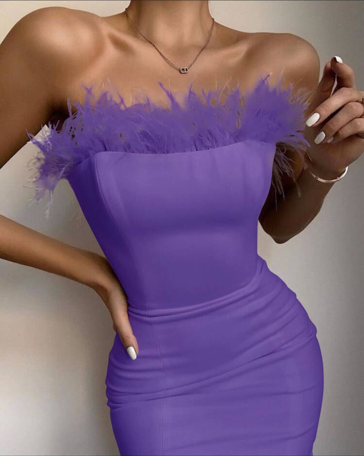 Fashion Bandage Feather Dress Stretch Slim-Fit Strapless Party Dress