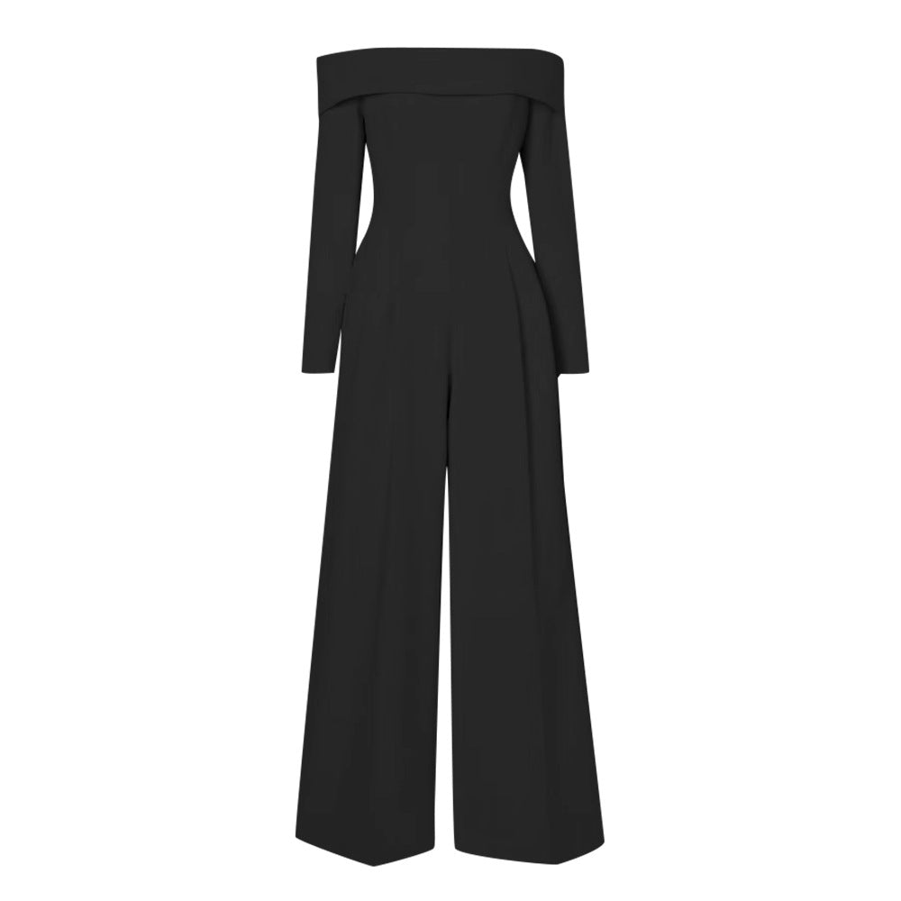 New Autumn Goddess Fan One-Line Collar Jumpsuit Temperament Of The Girl High Waist Slimming Wide-Leg Pants