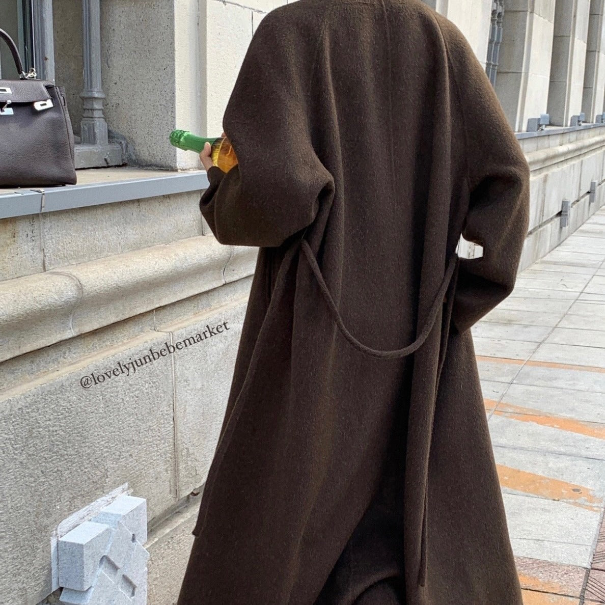 Autumn And Winter New Square Collar Plus Long Loose Bathrobe-Type Tie Long Wool Double-Sided Wool Coat For Women