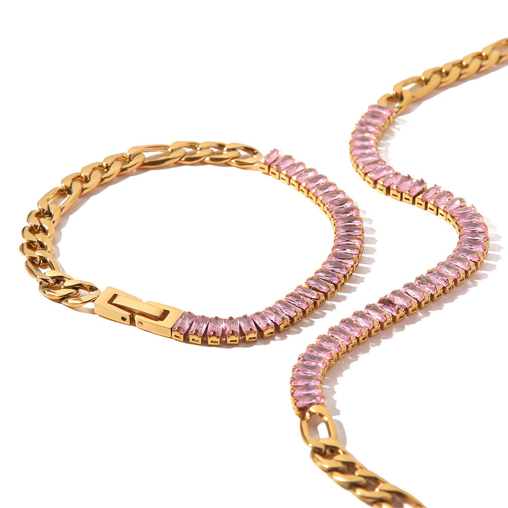 5pcs High-Grade Sense Of Light Luxury Temperament Female Fashion Colorful Zircon Inset Titanium Steel Fast Fading Necklace Bracelet