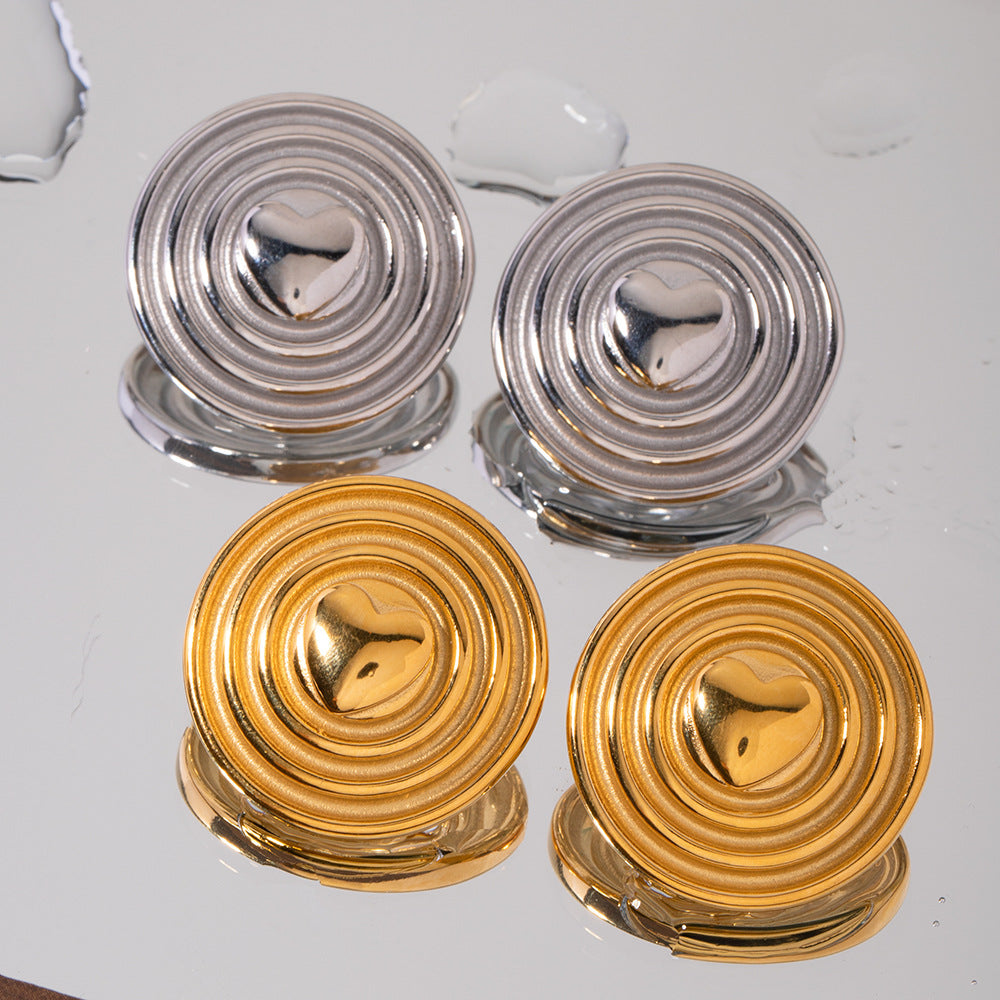 5pcs Gold Stud Earrings Fashion Personality 18K Gold Stainless Steel Centre Heart Round Corrugated Earrings