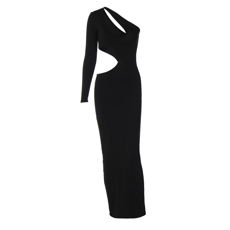 Hollow Out Irregular Tight Skirt Single Shoulder Long Sleeve Women's Skirt Skew Shoulder Sexy Dress Slim-Fit Bag Hip Skirt