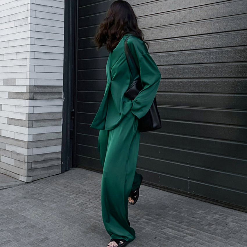 Early Autumn Women's Long-Sleeved Temperament Fashion Suit Trousers Sag Satin Fashion Casual Suit