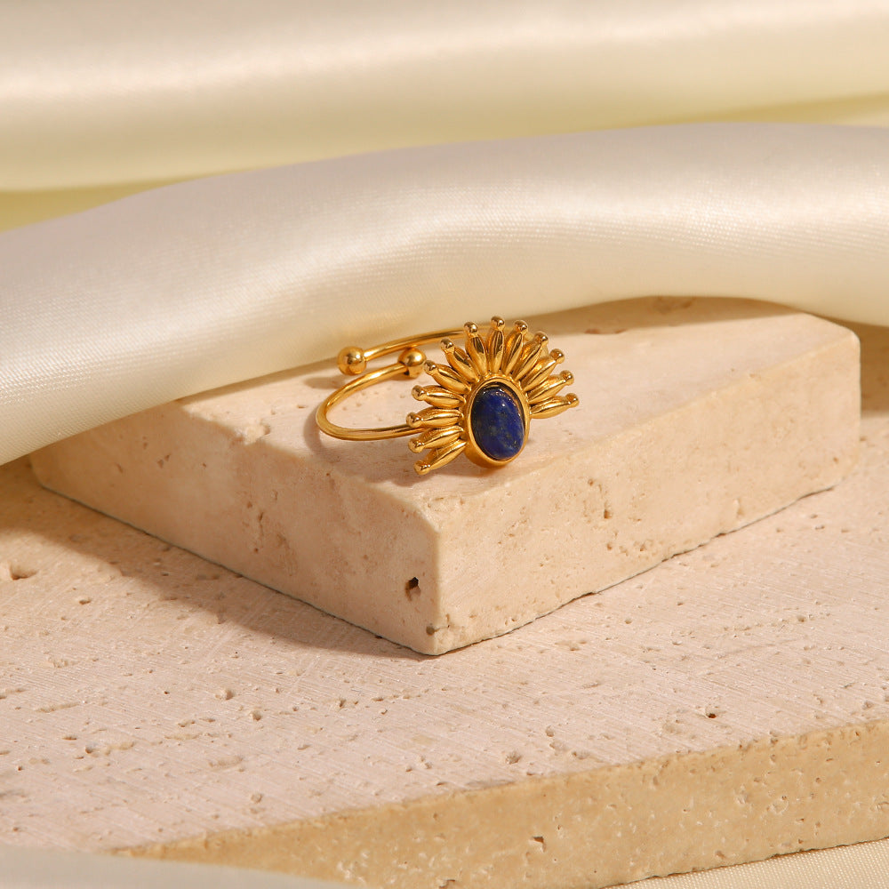 5pcs Niche Style 18K Gold-Plated Stainless Steel Set Lapis Lazarus Open Ring Ladies Fashion Hand Jewelry