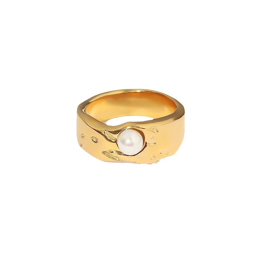 5pcs 18K Gold-Plated Stainless Steel Lava Pearl Ring Fashion Titanium Steel Ring