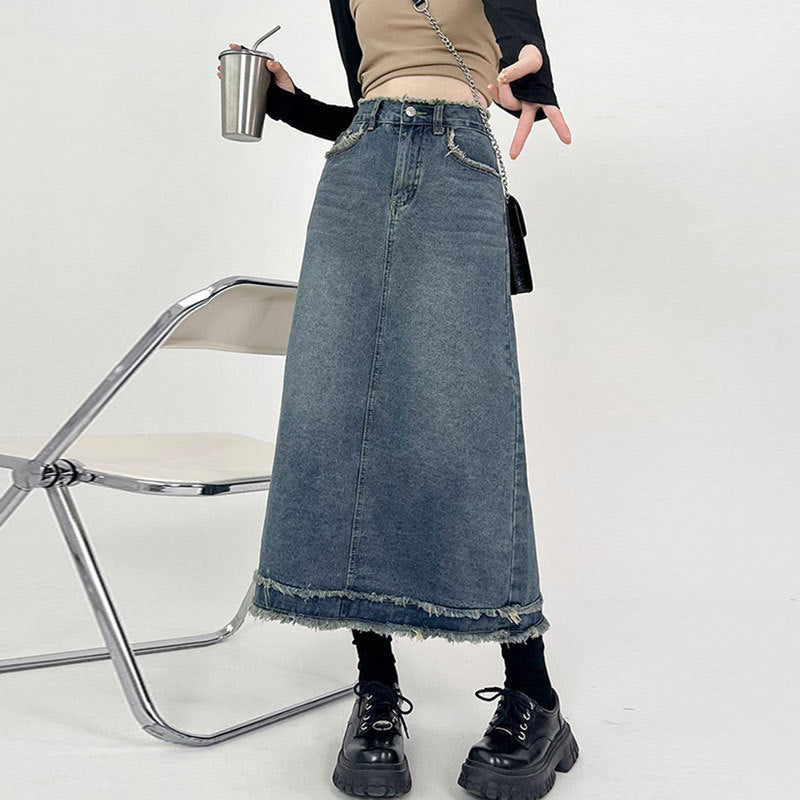 Midi For Women Design Sense Influencer Niche Retro Fur-Trimmed High Fanny Pack Hip A-Line Denim Skirt Summer