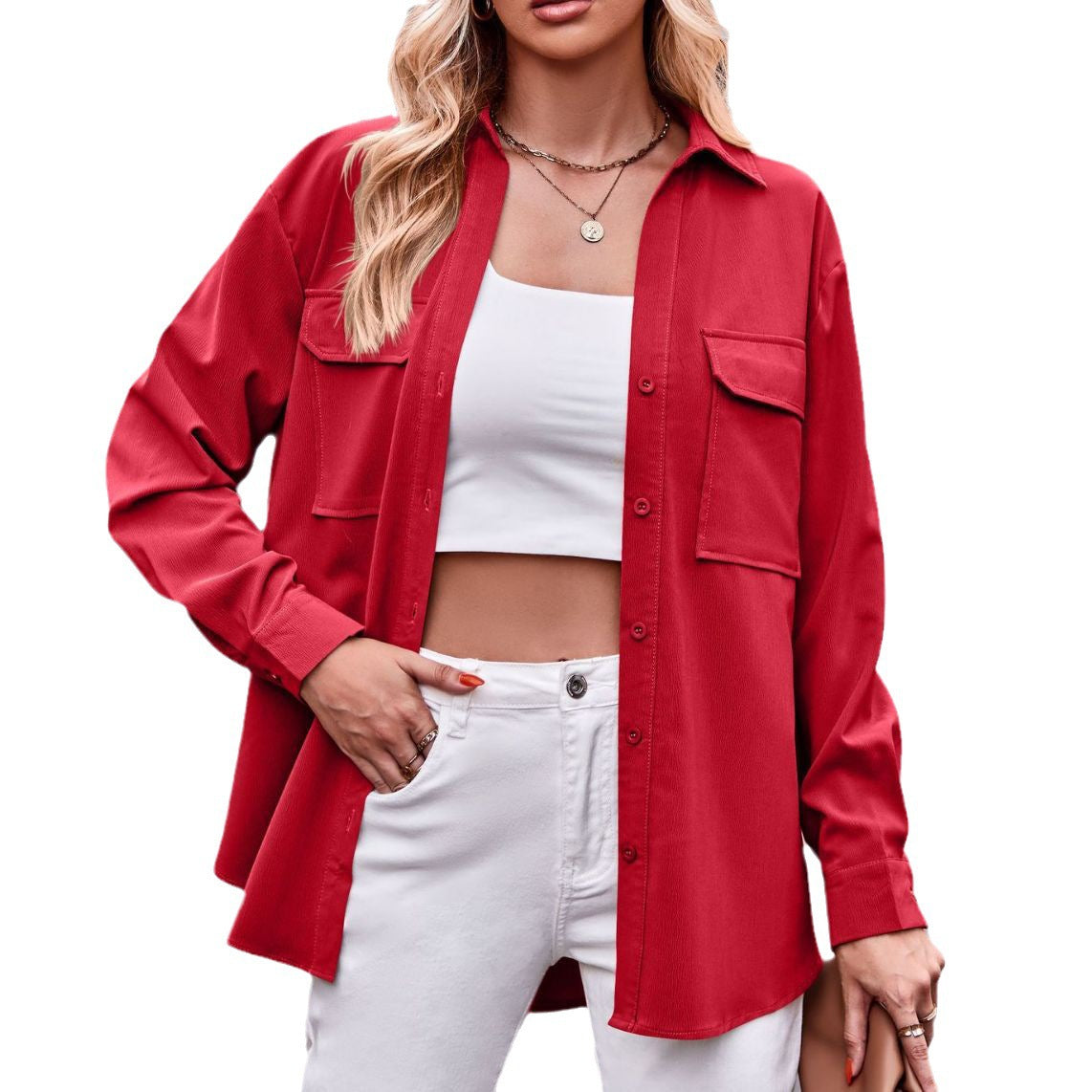 Autumn And Winter New Temperament Commuter Double-Pocket Solid Color Single-Breasted Long-Sleeved Shirt