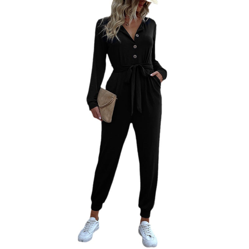 Women's Clothing New Autumn And Winter New Long-Sleeved Romper Casual Sports Lace-Up Romper