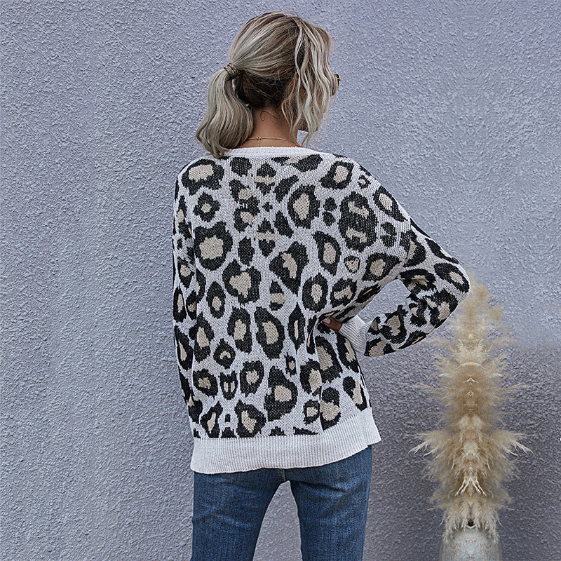 Autumn Wind Long Sleeve V-Neck Leopard Print With Bottom Knit Sweater Woman