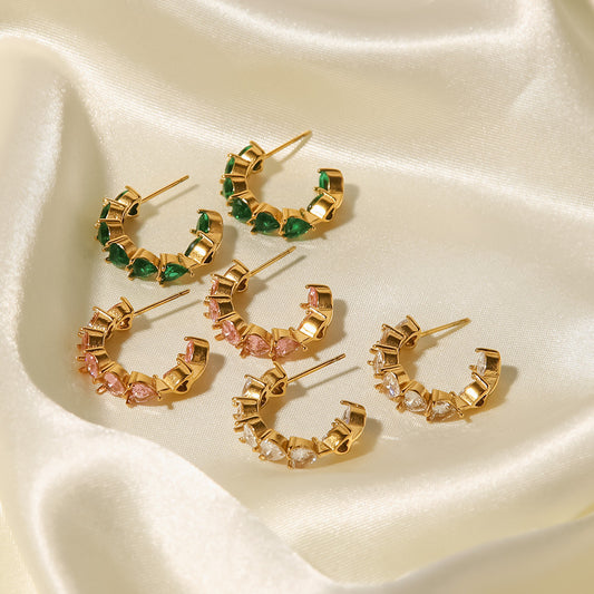 5pcs New Titanium Steel Earrings Stainless Steel Inside And Outside Inlaid/White/Green Love Zircon C-Shaped Earrings Female