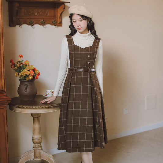 Women'S Clothing Fall Winter New All-Matching Woolen Strappy Dress Retro Temperament Dress