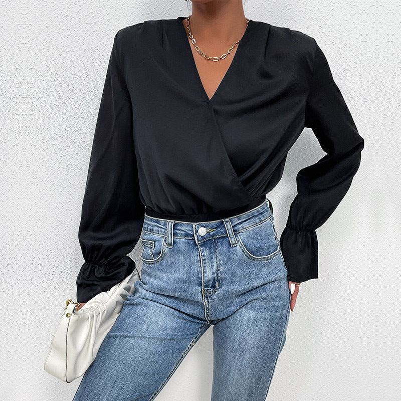 Fashion Women's Spring New Black Long-Sleeved Tight One-Piece Blouse