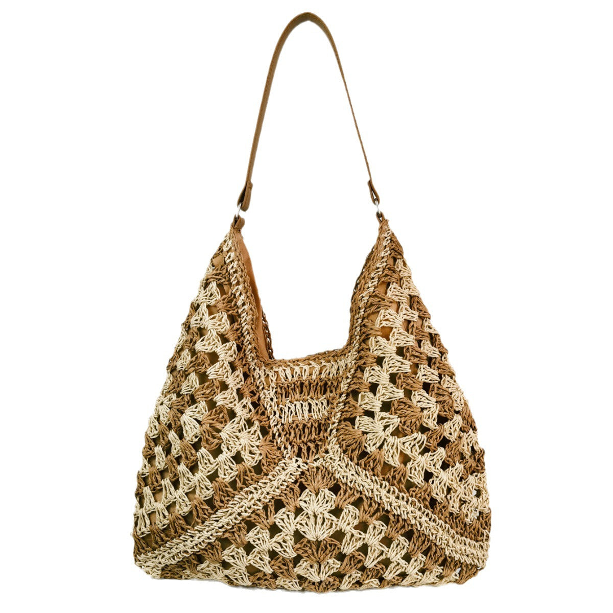 The New Hand-Made Straw Hollow Square Flower Big Triangle Color Contrast Woven Shoulder Bag