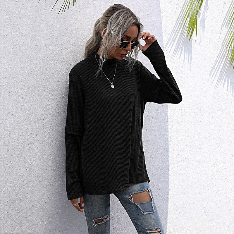 Effortless Elegance: Autumn High-Neck Blouse Sweater with Long Sleeves and Loose Fit