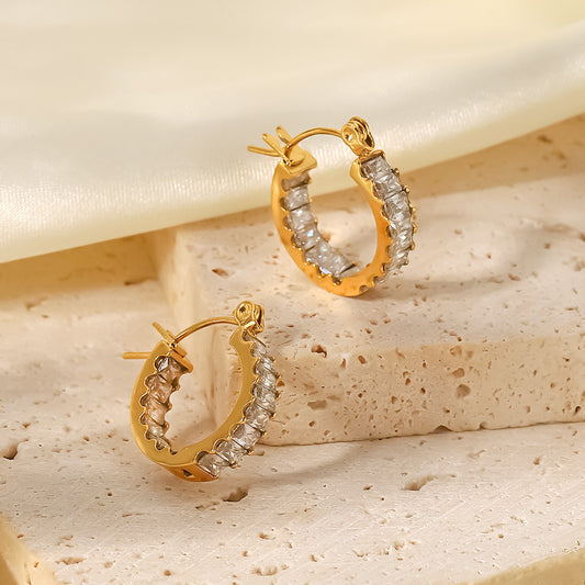 5pcs Niche Style Women's Fashion All-Match Titanium Steel Earrings 18K Gold Stainless Steel White Zirconium Inlay Ring Earrings Jewelry