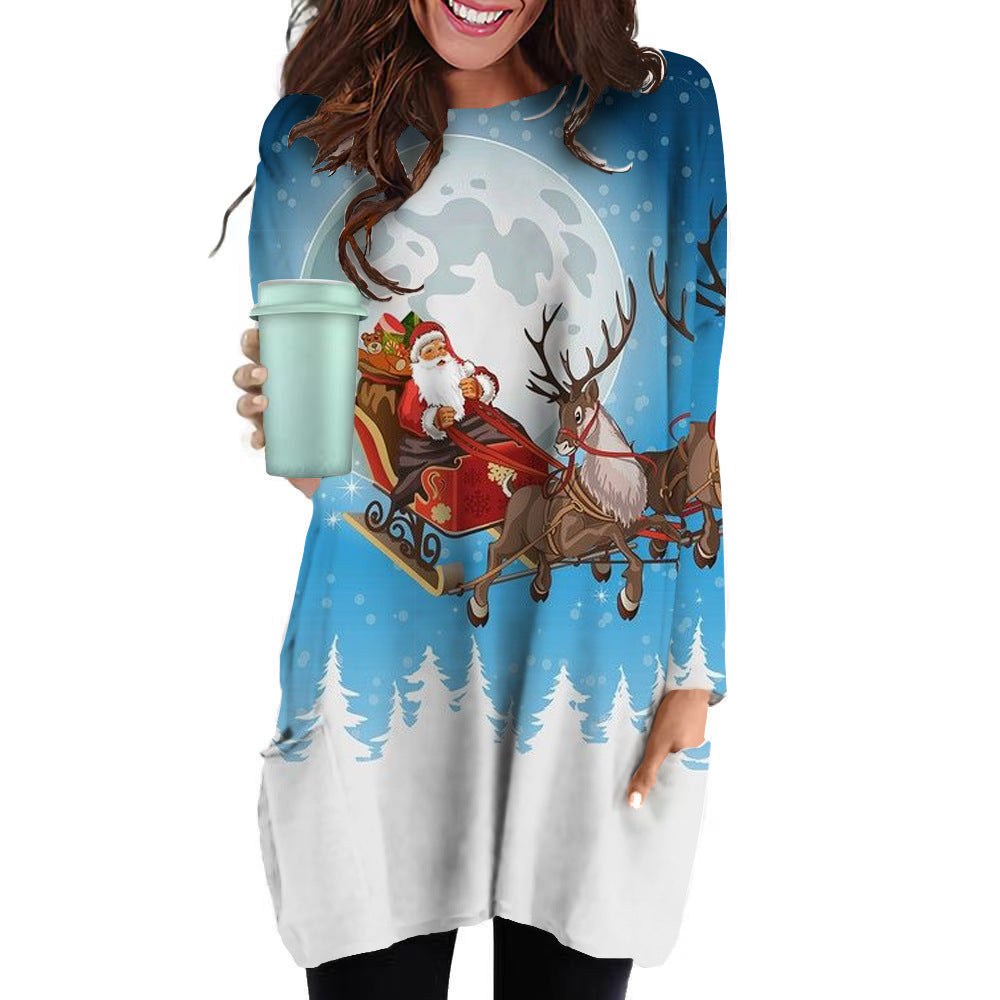 Women's Loose Round Neck 3D Christmas Elements Printed Long T-Shirt A Hair Casual Hoodie