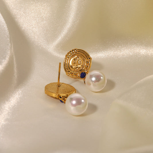 5pcs Stainless Steel Light Pearl Earrings Fashion New Ladies Large Pearl Pendant Lapis Lazuli Earrings Jewelry Trend