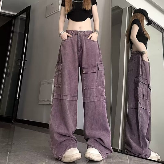 Plus-Size Retro Purple Cargo Jeans Female Spring Summer Spice High-Waisted Baggy Wide-Leg Pants Mop Pants