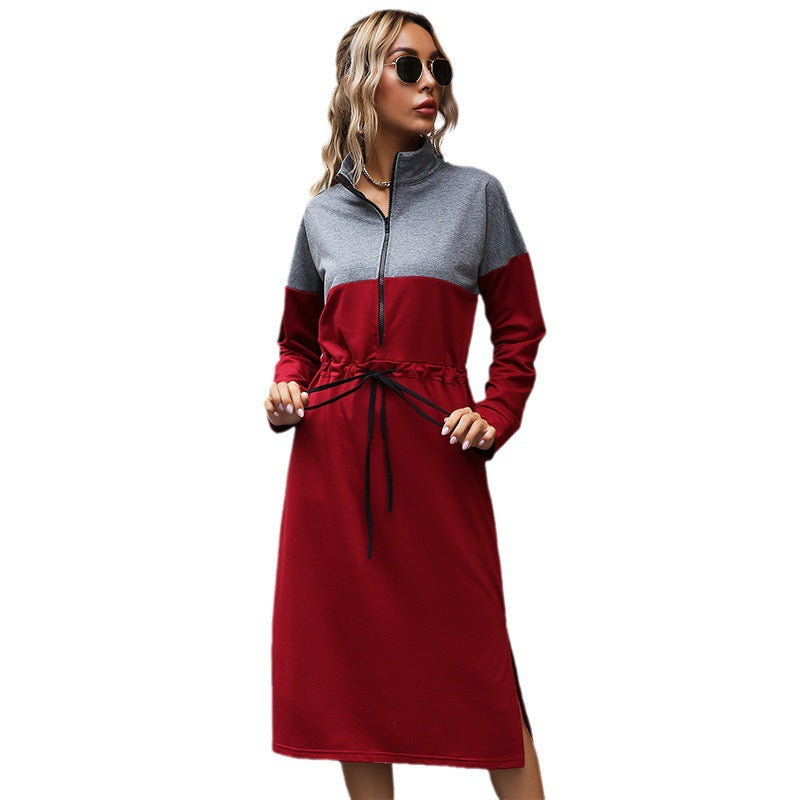 Women's Standing Collar Zipper Lace-Up Hoodie Dress