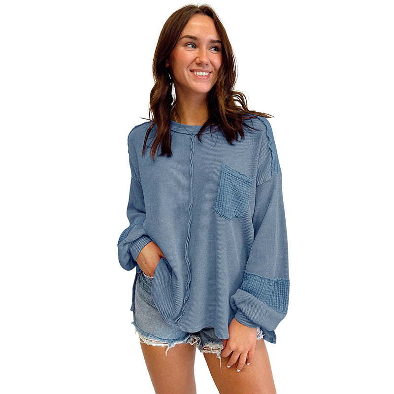 Autumn New Open Seam Patchwork Waffle Sweatshirt Women Casual With All Round Neck Pullover Women
