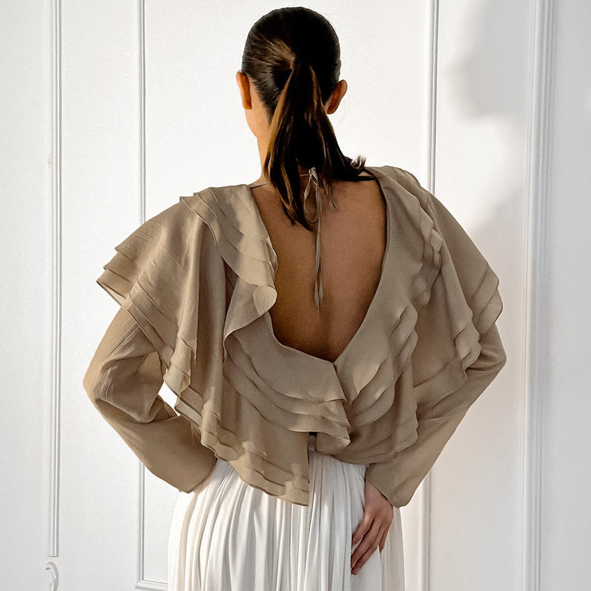 Sexy V-Neck Layered Ruffled Loose Gauze Women's Shirt New Spring Fashion Woman