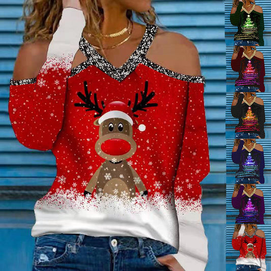 Women's Autumn And Winter New Christmas Elements V-Neck Long-Sleeved T-Shirt Women's Base Shirt