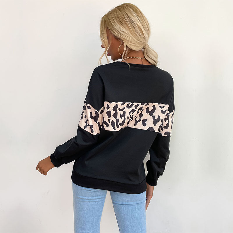 Early Autumn New  Women's Pullover Splicing Round Neck Black Leopard Print Hoodie