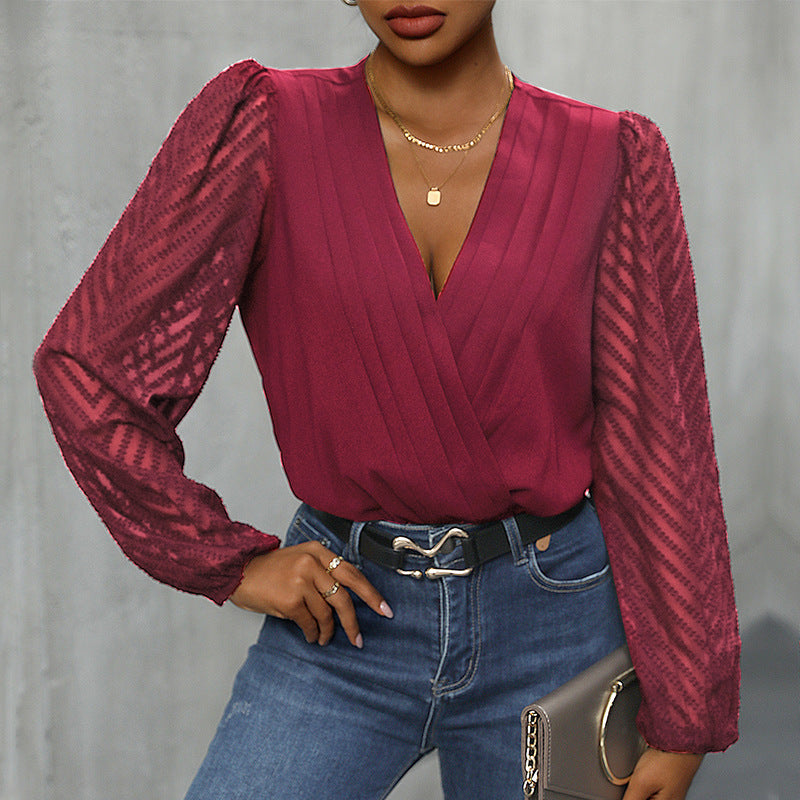 Spring Splicing Top Long Sleeve Mesh Commuter See-Through Pullover Blouse Woman