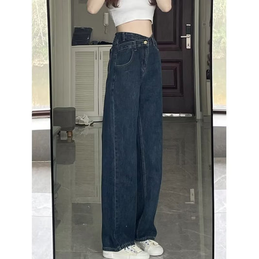 Blue Gray High Waist Wide Leg Jeans Women's New Autumn Cross Waist Small Loose Full Straight Leg Mop Pants