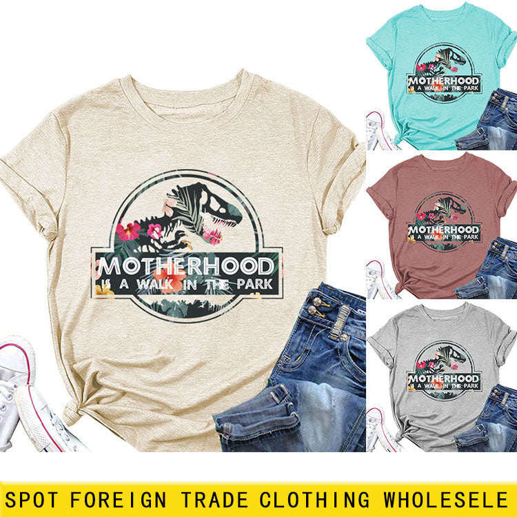 Motherhood Is A Walk In The Park. Plus-Size Round Neck Letter Short-Sleeved Shirt