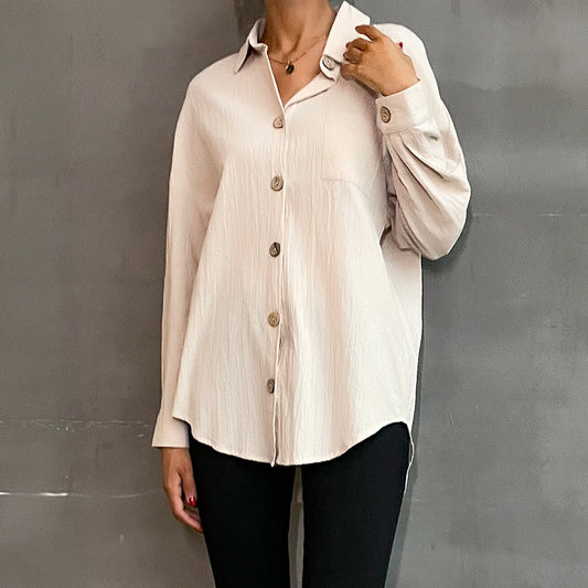 Early Autumn Fashion Casual Long Shirt Lapel Long Sleeve Solid Color Shirt