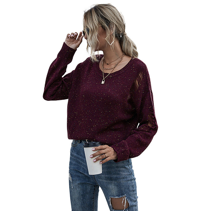 Stylish Solid Color Long-Sleeved Holes Sweater for Women