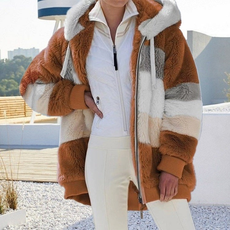 Autumn And Winter Warm Plush Patchwork Zipper Pocket Hooded Loose Coat Women