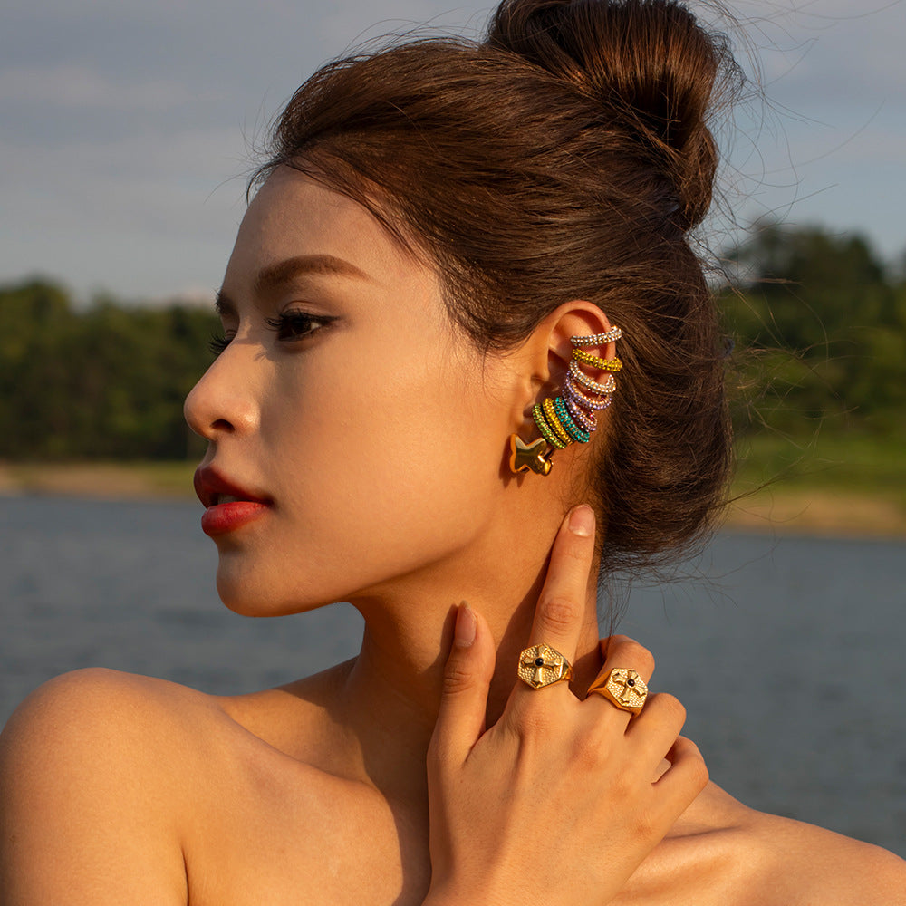 18K Gold Stainless Steel Diamond Earrings Stud Earrings Hipster Style Creative Ear Clip Earrings Combination