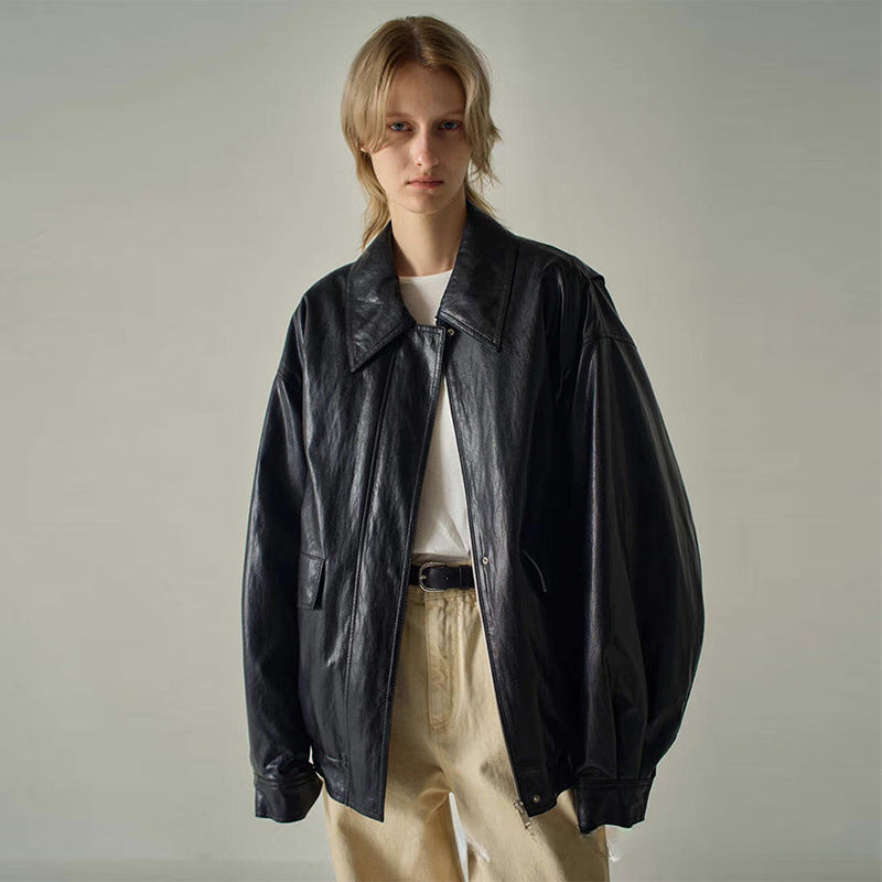 Women's New Leather  Autumn And Winter Minimalist Broad Shoulder Advanced Sense Motorcycle Wind Slimming Jacket