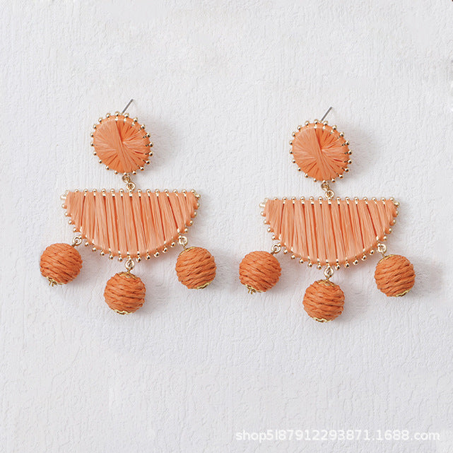 5 pairs Fan-Shaped Hand-Woven Raffia Grass Round Fringe Exaggerated Female Earrings