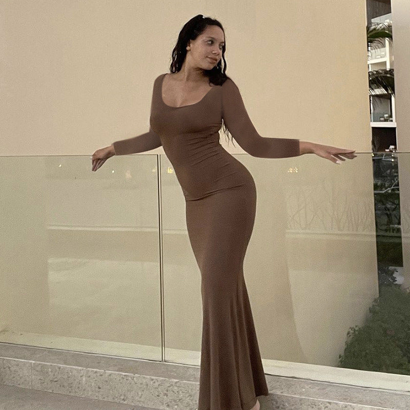 Casual Long-Sleeved High-Waisted Slim-Fit Halter Dress